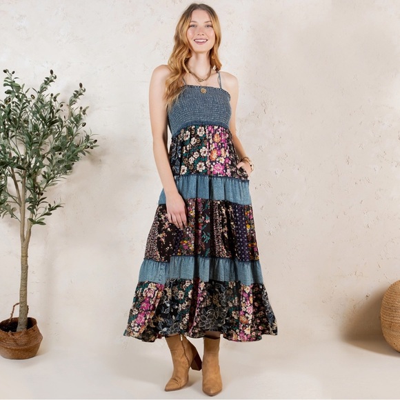 Young Threads Dresses & Skirts - Smocked Tiered Floral Midi Dress in Teal and Black